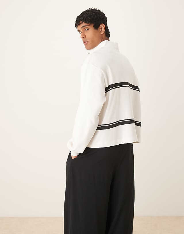 ASOS DESIGN Oversized Drop Shoulder Boxy Funnel Neck Lightweight Rib Sweatshirt With Stripe In Off White