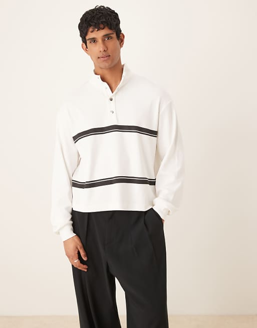 ASOS DESIGN oversized drop shoulder boxy funnel neck lightweight rib sweatshirt with stripe in off white