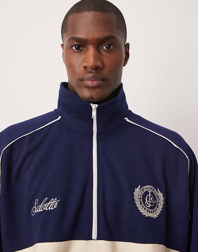 ASOS DESIGN Oversized Dropped Shoulder Boxy Half Zip Jumper With Chest Print In Navy
