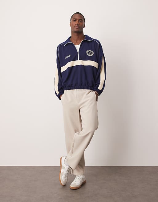 ASOS DESIGN Oversized Dropped Shoulder Boxy Half Zip Jumper With Chest Print In Navy
