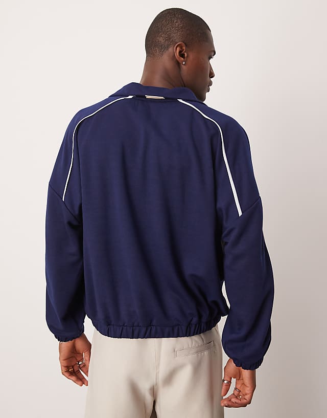 ASOS DESIGN Oversized Dropped Shoulder Boxy Half Zip Jumper With Chest Print In Navy