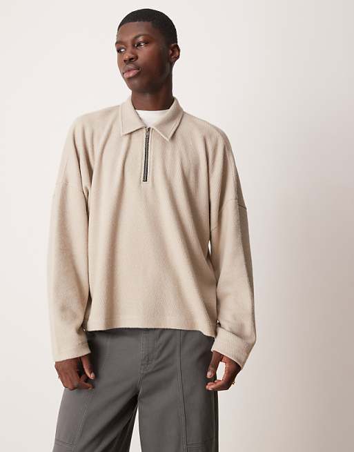ASOS DESIGN Oversized Dropped Shoulder Boxy Heavyweight Textured Polo Jumper In Beige