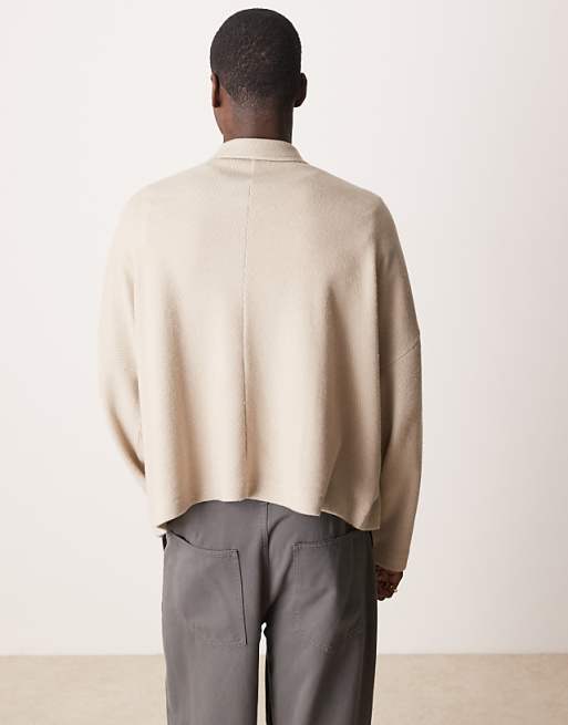 ASOS DESIGN Oversized Dropped Shoulder Boxy Heavyweight Textured Polo Jumper In Beige