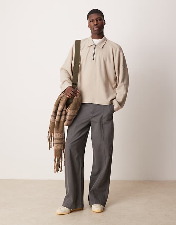 ASOS DESIGN oversized dropped shoulder boxy heavyweight textured polo jumper in beige