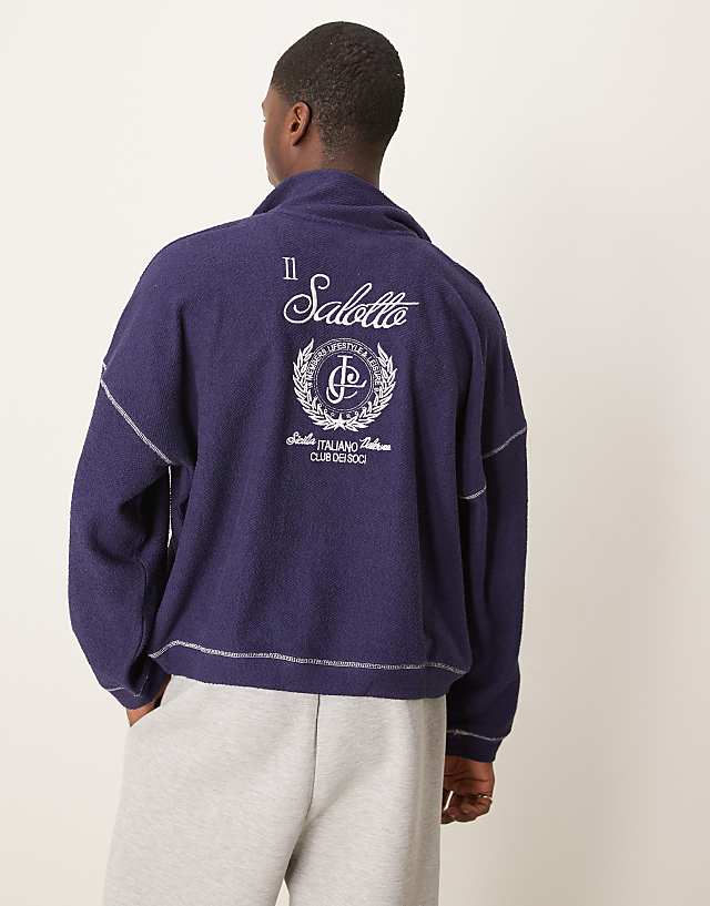 ASOS DESIGN Oversized Dropped Shoulder Funnel Neck Sweatshirt With Embroidery In Navy
