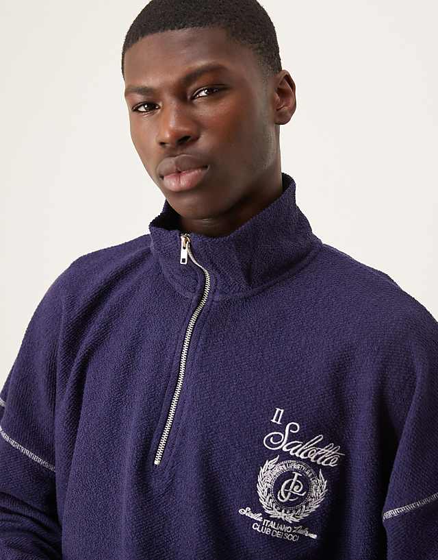 ASOS DESIGN Oversized Dropped Shoulder Funnel Neck Sweatshirt With Embroidery In Navy