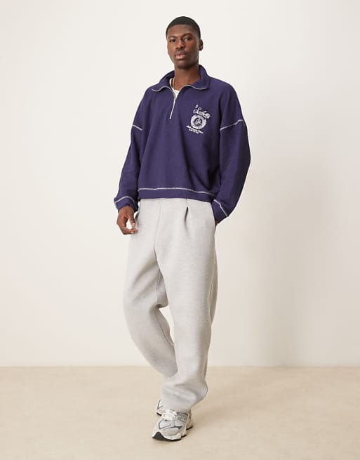 ASOS DESIGN Oversized Dropped Shoulder Funnel Neck Sweatshirt With Embroidery In Navy