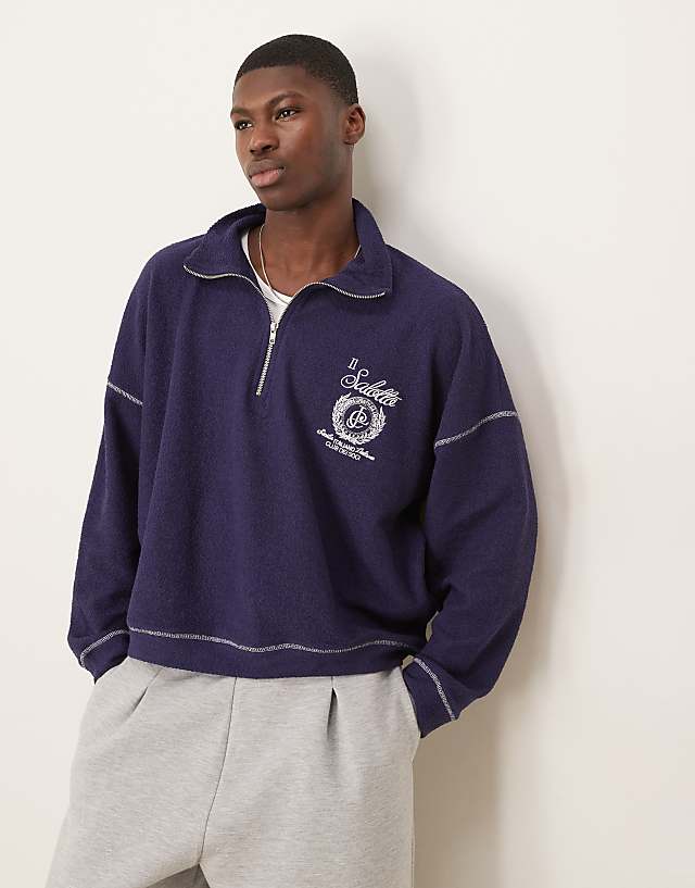 ASOS DESIGN oversized dropped shoulder funnel neck sweatshirt with embroidery in navy