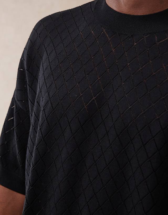 ASOS DESIGN Oversized Fit Pointelle Knitted T-shirt With Argyle Pattern In Black