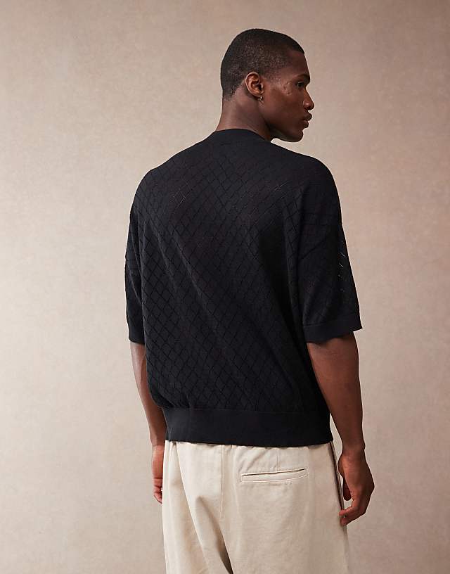 ASOS DESIGN Oversized Fit Pointelle Knitted T-shirt With Argyle Pattern In Black