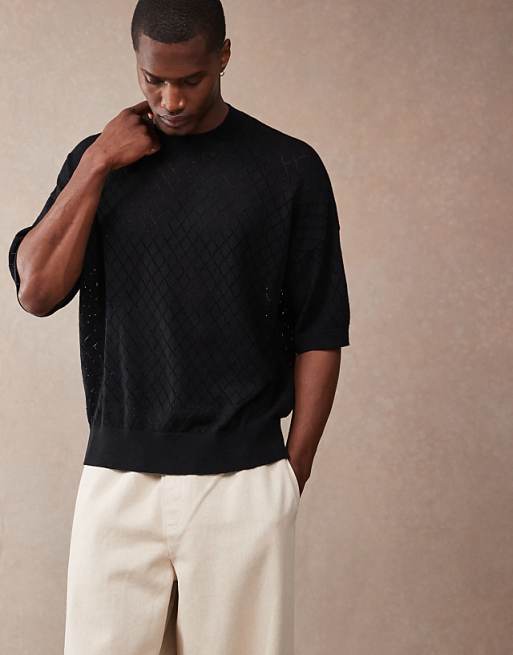 ASOS DESIGN oversized fit pointelle knitted t-shirt with argyle pattern in black