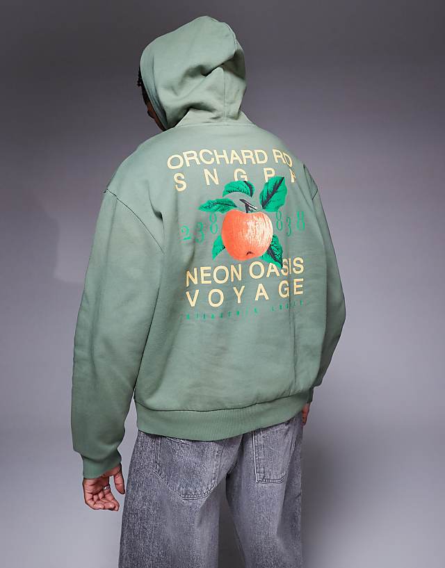 ASOS DESIGN Oversized Hoodie With Orange Back Print In Khaki