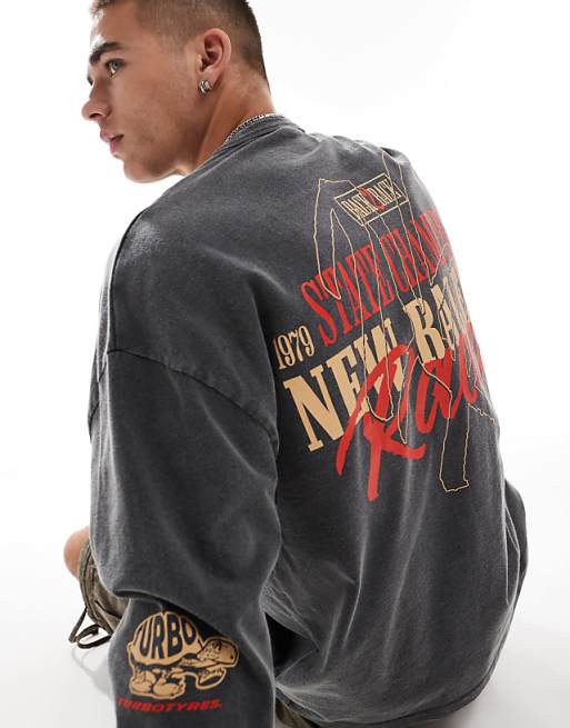 ASOS DESIGN Oversized Long Sleeve T-shirt With Racing Chest And Back Print In Washed Black