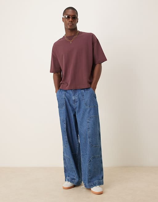 ASOS DESIGN oversized parachute jeans with in mid wash blue