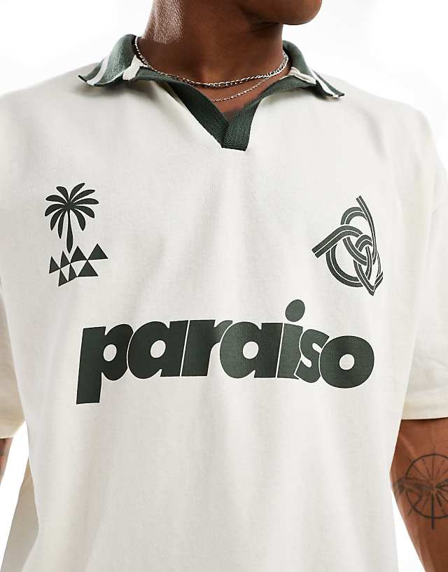 ASOS DESIGN Oversized Polo Shirt In Off White With Paraiso Front Print
