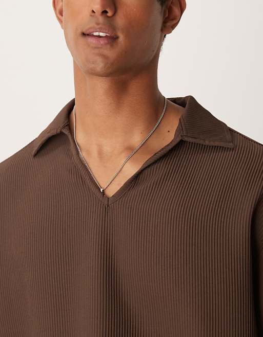 ASOS DESIGN Oversized Revere Plisse Polo In Brown