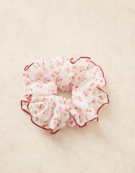 ASOS DESIGN Oversized Scrunchie With Cherry Print And Contrast Binding In Red