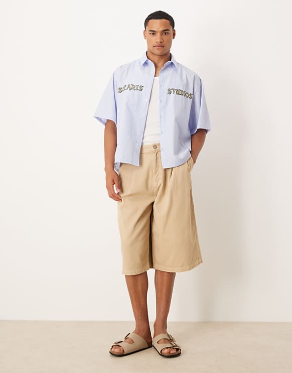 ASOS DESIGN Oversized Shirt With Embroidery In Blue Stripe