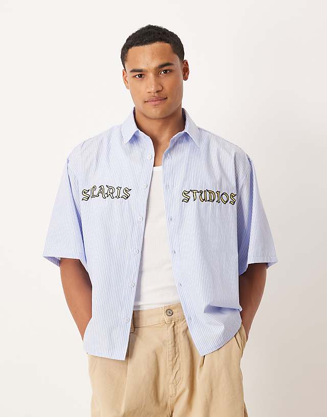 ASOS DESIGN oversized shirt with embroidery in blue stripe