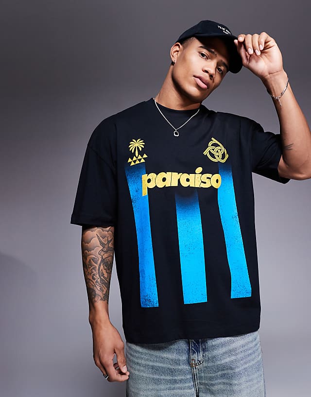ASOS DESIGN oversized striped t-shirt with sports graphic in black