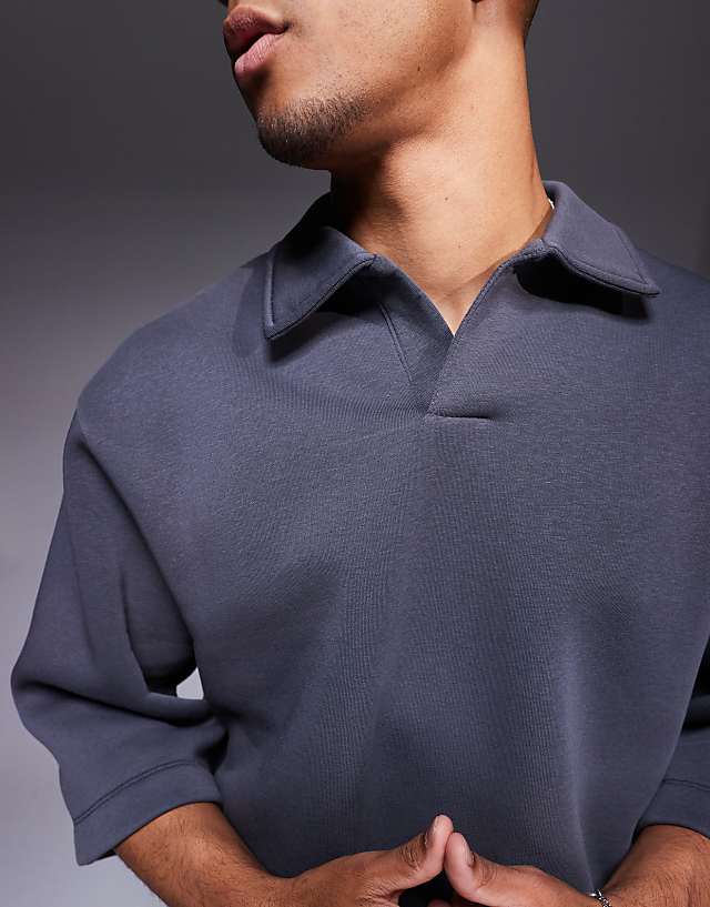 ASOS DESIGN Oversized Sweatshirt With Short Sleeves And Rugby Collar In Charcoal