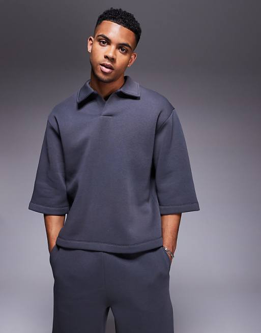 ASOS DESIGN oversized sweatshirt with short sleeves and rugby collar in charcoal