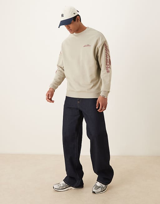ASOS DESIGN Oversized Sweatshirt With Text Sleeve Prints In Stone
