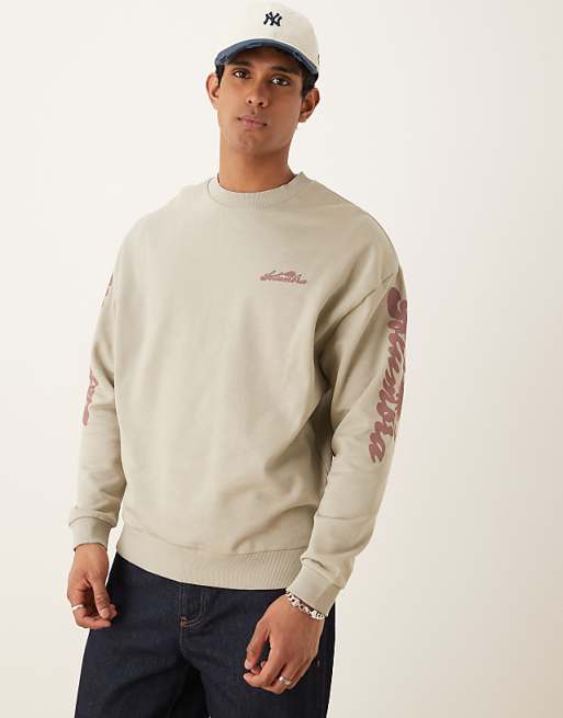 ASOS DESIGN Oversized Sweatshirt With Text Sleeve Prints In Stone
