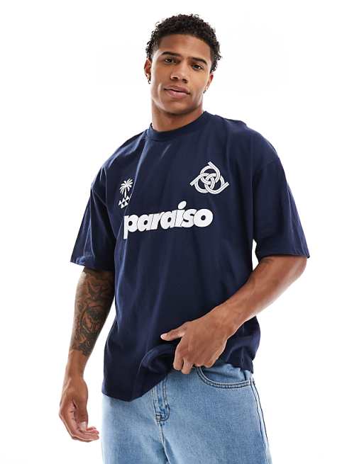 ASOS DESIGN Oversized T-shirt With Paraiso Front Print In Navy