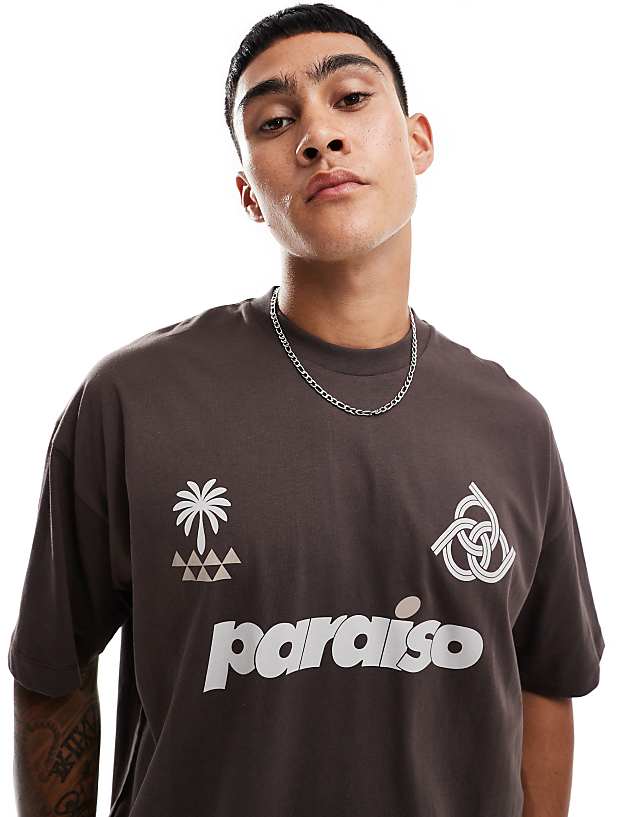 ASOS DESIGN Oversized T-shirt With Paraiso Front Print In Brown