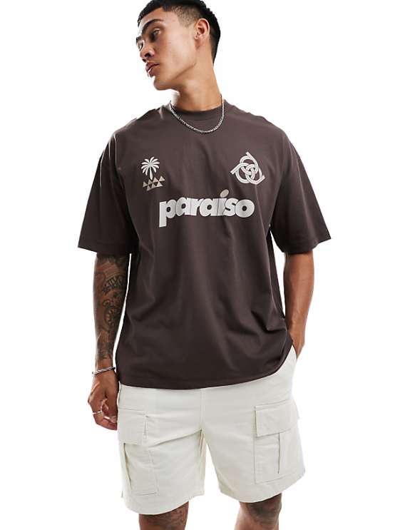 ASOS DESIGN Oversized T-shirt With Paraiso Front Print In Brown