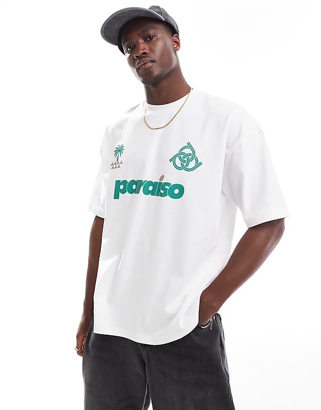 ASOS DESIGN oversized t-shirt with paraiso front print in white