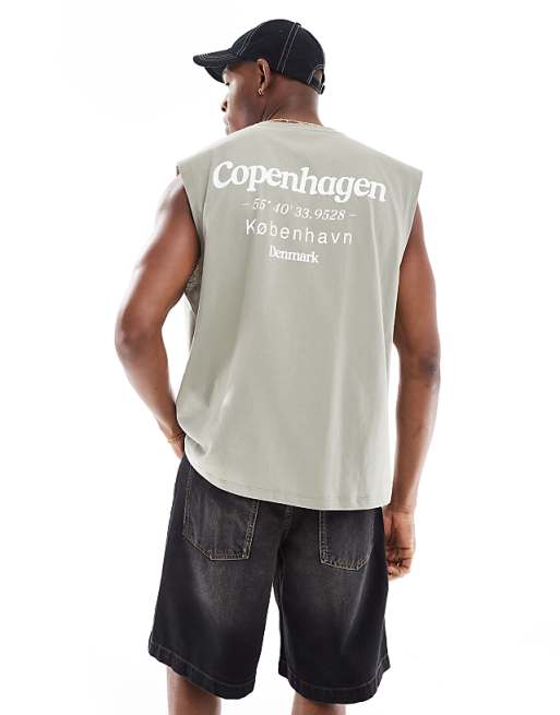 ASOS DESIGN Oversized Tank With Copenhagen Text Graphic In Grey Green