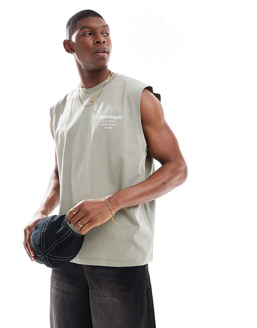 ASOS DESIGN Oversized Tank With Copenhagen Text Graphic In Grey Green