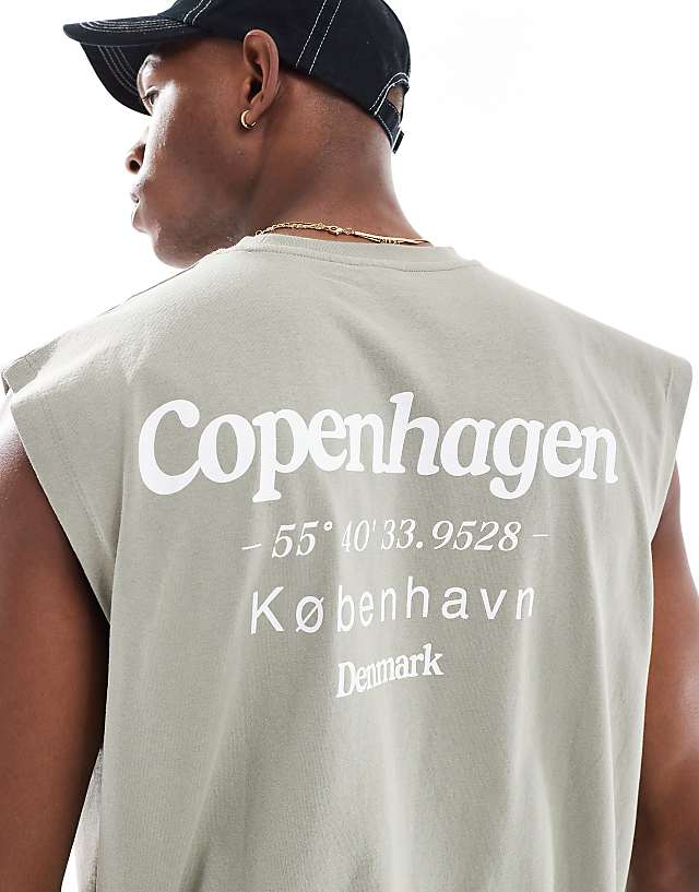 ASOS DESIGN oversized tank with Copenhagen text graphic in grey green