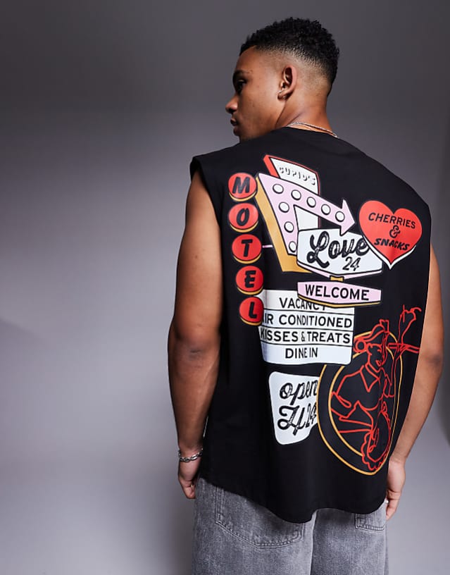 ASOS DESIGN Oversized Tank With Motel Graphic In Black