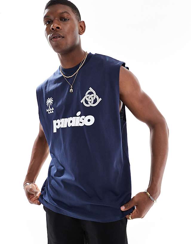 ASOS DESIGN oversized tank with sports graphic in navy