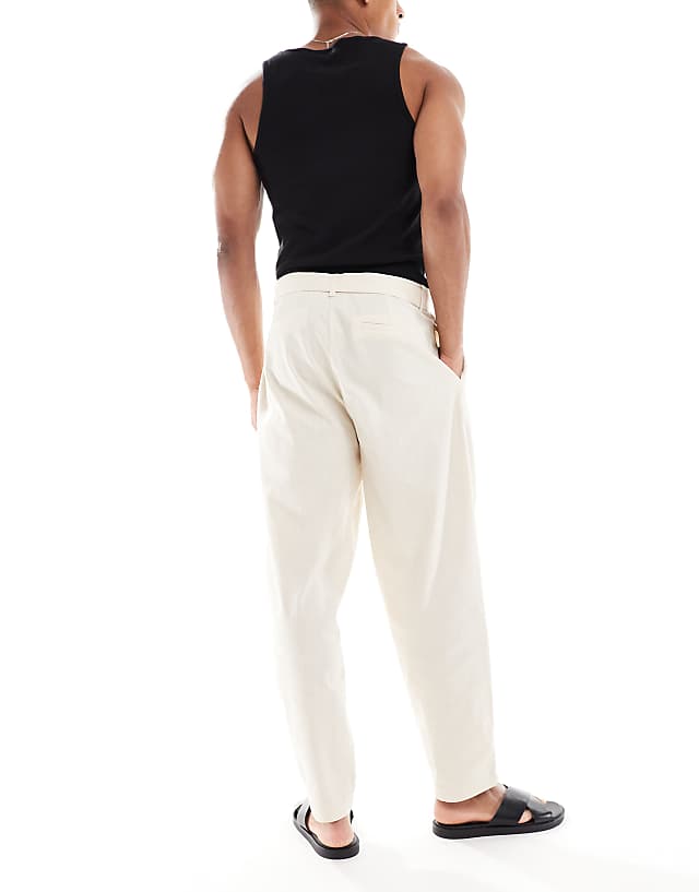 ASOS DESIGN Oversized Tapered Linen Look Trouser With Belt In Beige