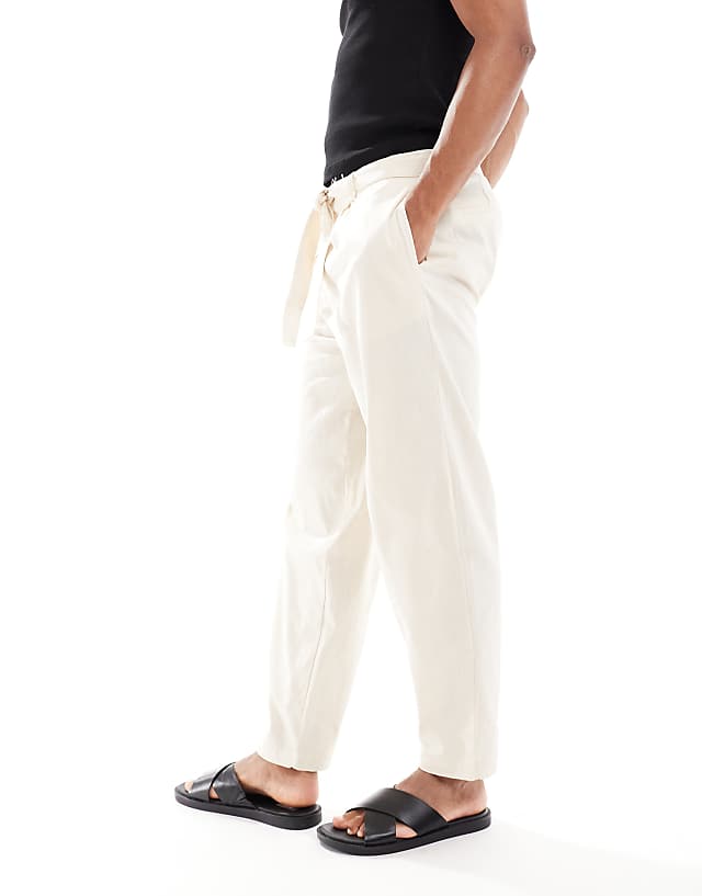 ASOS DESIGN Oversized Tapered Linen Look Trouser With Belt In Beige