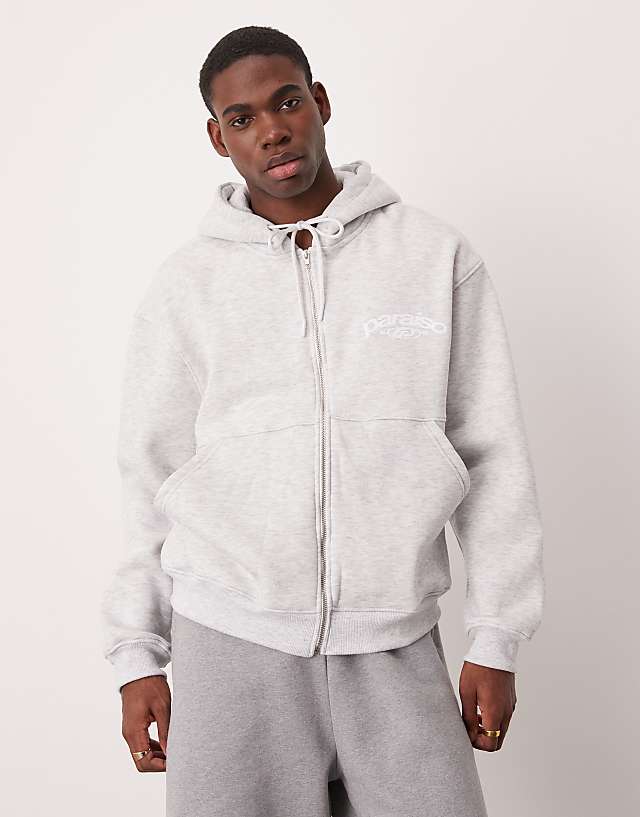 ASOS DESIGN Oversized Zip Through Hoodie With Print Detail In Grey Marl