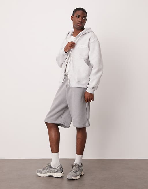 ASOS DESIGN Oversized Zip Through Hoodie With Print Detail In Grey Marl