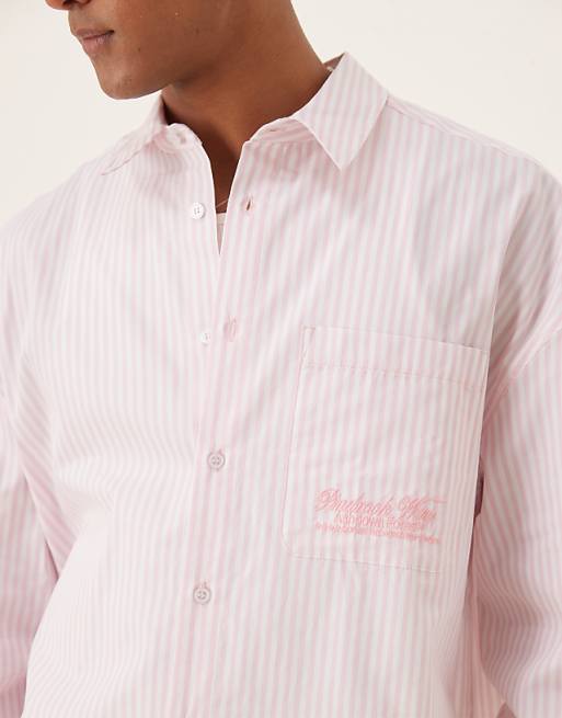 ASOS DESIGN Overszied Long Sleeve Shirt With Embrodery In Pink Stripe