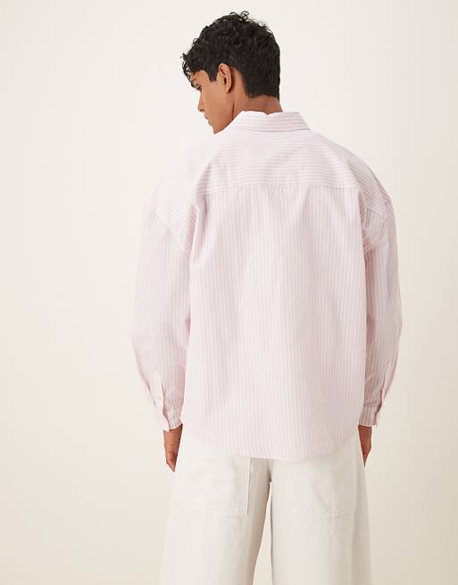 ASOS DESIGN Overszied Long Sleeve Shirt With Embrodery In Pink Stripe