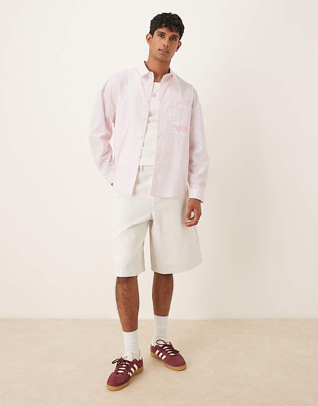 ASOS DESIGN Overszied Long Sleeve Shirt With Embrodery In Pink Stripe