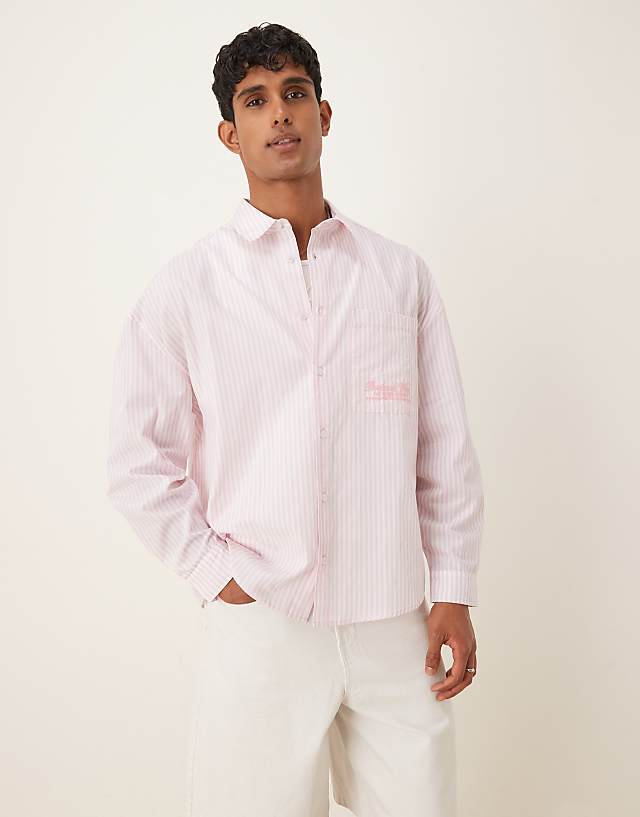 ASOS DESIGN overszied long sleeve shirt with embrodery in pink stripe