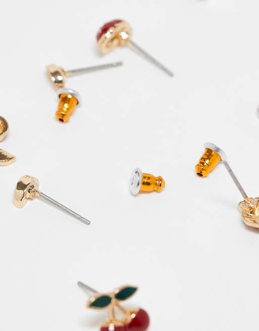 ASOS DESIGN Pack Of 3 Stud Earrings With Enamel Fruit Detail In Multi