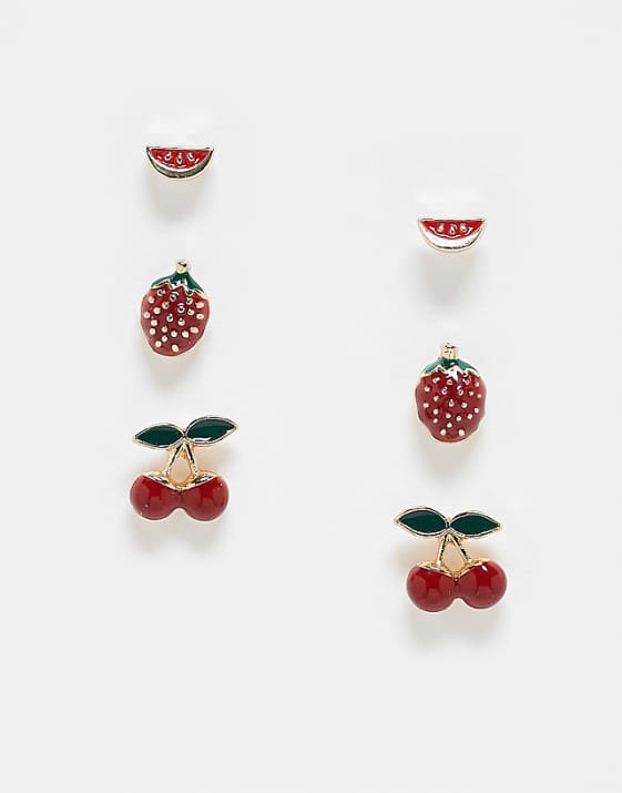 ASOS DESIGN pack of 3 stud earrings with enamel fruit detail in multi