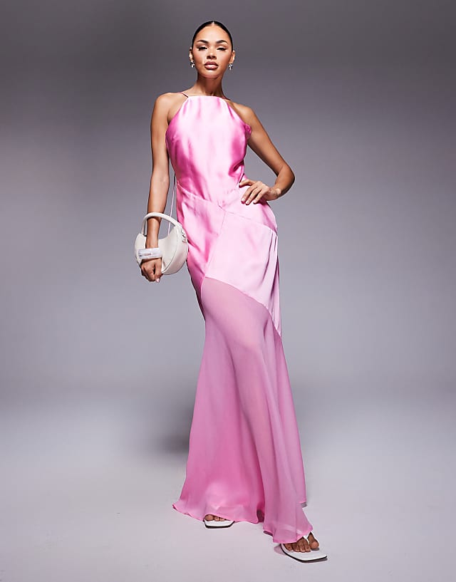 ASOS DESIGN panelled satin maxi dress with chiffon skirt in pink