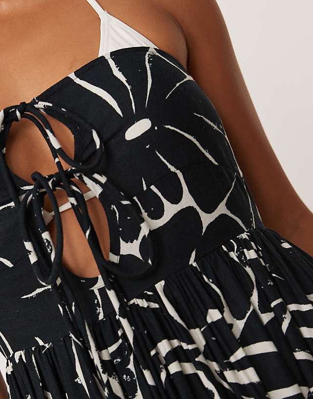 ASOS DESIGN Petite Bandeau Lace Up Maxi Beach Dress With Linen In Mono Floral