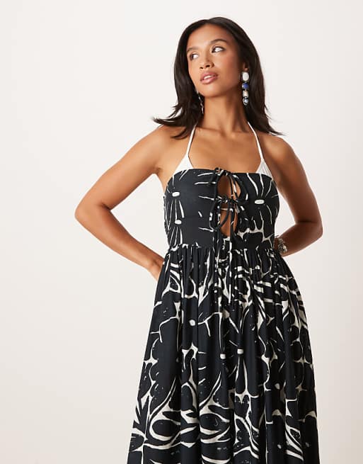 ASOS DESIGN Petite Bandeau Lace Up Maxi Beach Dress With Linen In Mono Floral